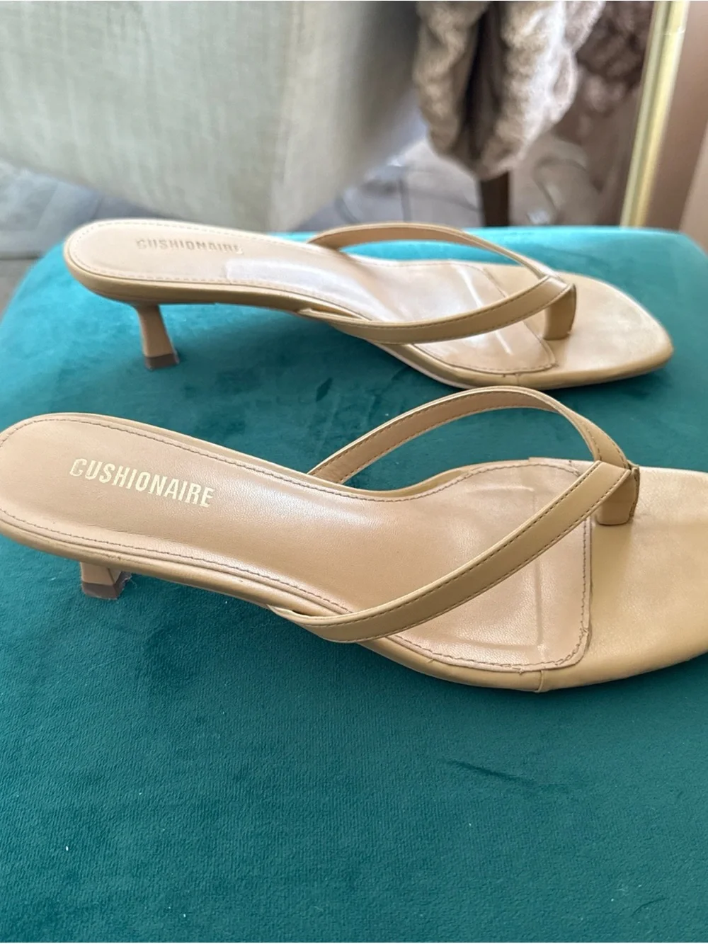 Beige Square-Toe Kitten Heel Thong Sandals Cushionaire Miami